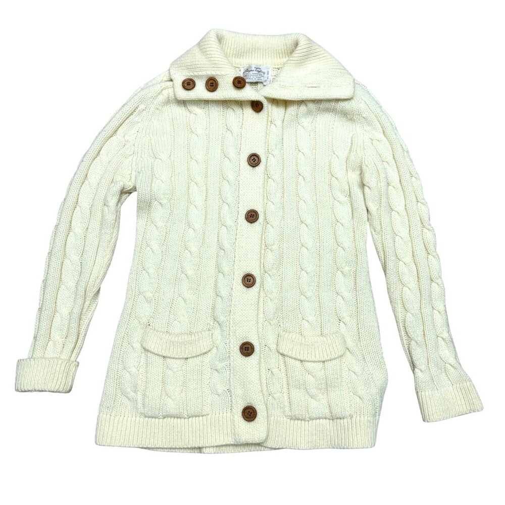 Wayne Taylor Women's Cardigan Sweater Sz L Ivory Cable Knit Button Down Vintage